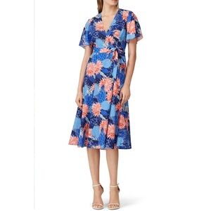 Slate & Willow Blue and Pink Ditsy Floral Flutter Sleeve Wrap Midi Dress Sz Med